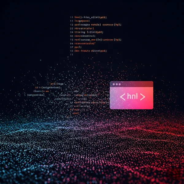 Abstrakte Visualisierung von HTML-Code, der sich in eine Webseite verwandelt