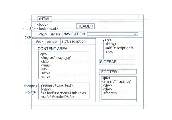 Архитектурный чертеж веб-сайта с HTML-кодом