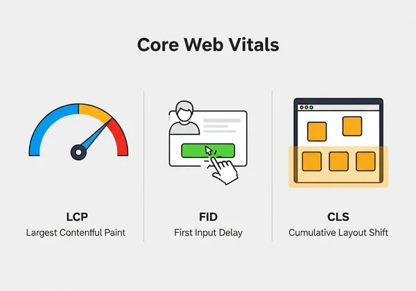 Core Web Vitals LCP, FID, CLS icons