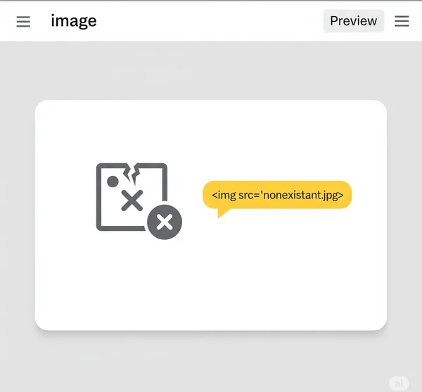 HTML-Vorschau, die ein defektes Bildsymbol aufgrund eines falschen Src-Pfads anzeigt