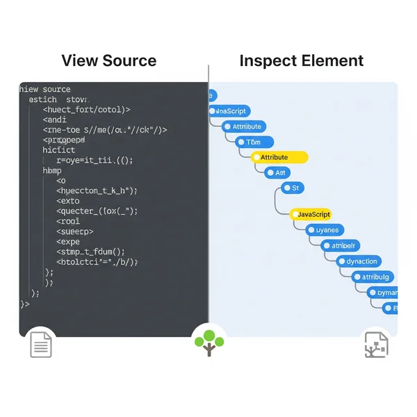 Diagram comparing 'View Source' (raw code) and 'Inspect'
