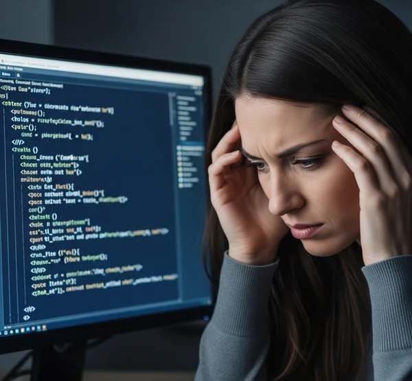Person struggling to debug unformatted HTML code