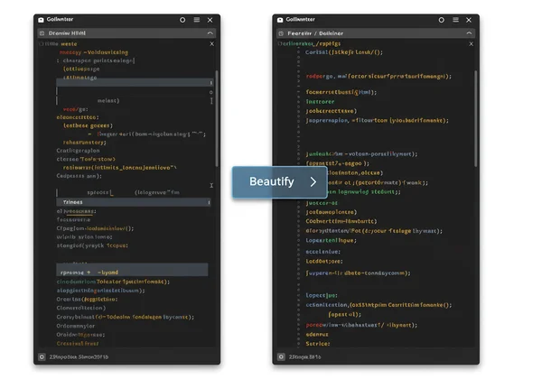 HTML Viewer แสดงโค้ดที่ยุ่งเหยิงเทียบกับโค้ดที่จัดรูปแบบแล้ว