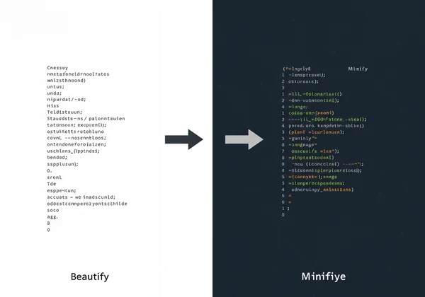 HTML 程式碼從雜亂轉換為美化和壓縮的過程。