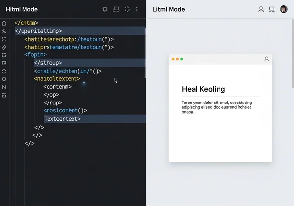 Split-screen HTML editor with code and live preview